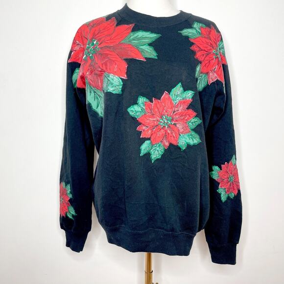 Vintage 90s Y2K Hanes Holiday Poinsettia Puff Paint Christmas Holiday Sweatshirt - Picture 1 of 5